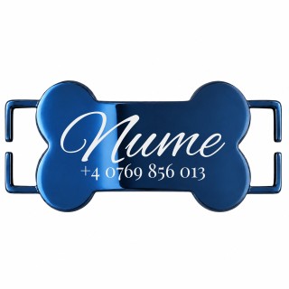 Medalion Slide-On Os Personalizat Câine Gravură Nume și Telefon | Inox Albastru| pentru Zgardă 2.5cm