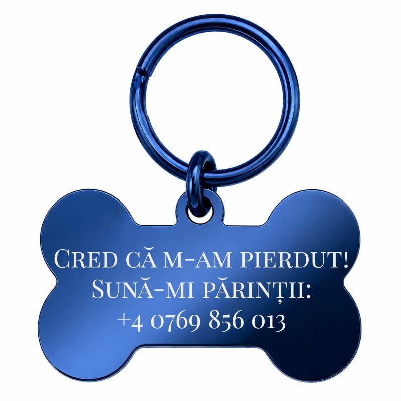 Medalion Câine Os Glitter Inox PVD Albastru | Gravură Nume Mesaj Telefon