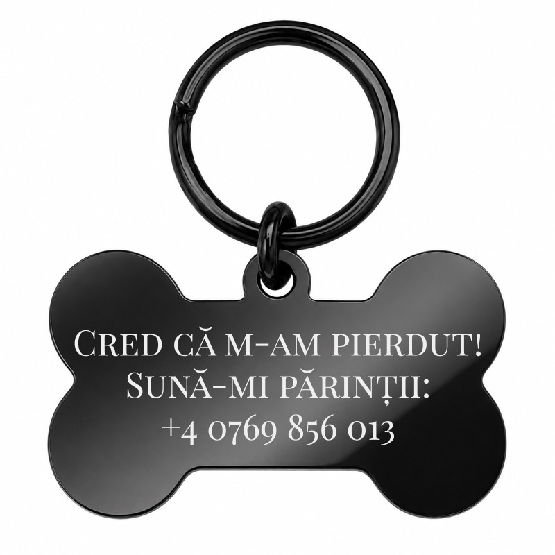                  Medalion Câine Os Glitter Inox PVD Negru| Gravură Nume Mesaj Telefon
               