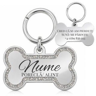 Medalion Câine Os Glitter Inox PVD Argintiu| Gravură Nume Mesaj Telefon