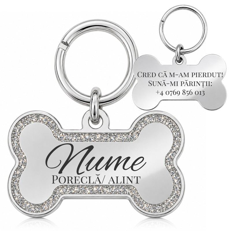 Medalion Câine Os Glitter Inox PVD Argintiu| Gravură Nume Mesaj Telefon