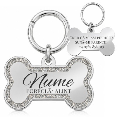 Medalion Câine Os Glitter Inox PVD Argintiu| Gravură Nume Mesaj Telefon