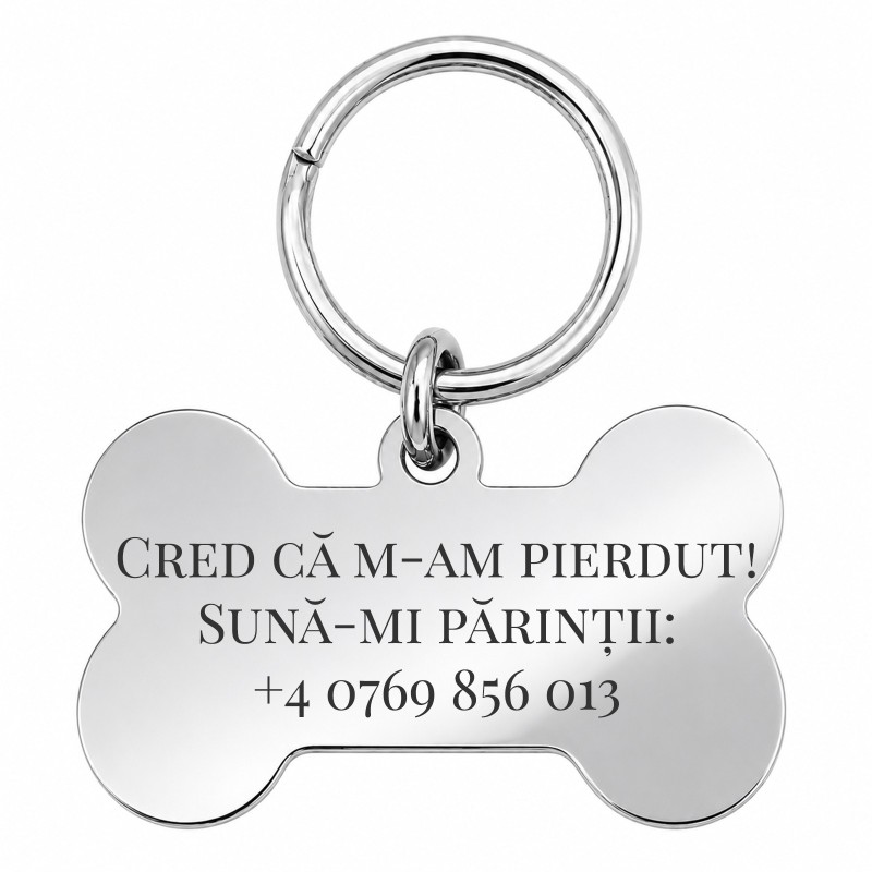 Medalion Câine Os Glitter Inox PVD Argintiu| Gravură Nume Mesaj Telefon