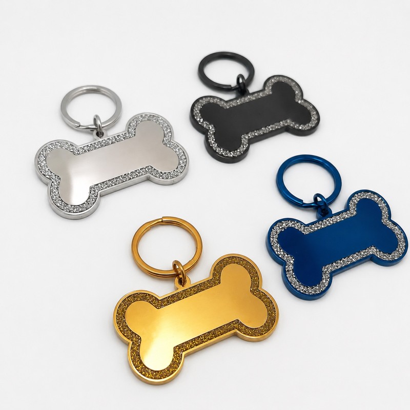 Medalion Câine Os Glitter Inox PVD Gold Plated| Gravură Nume Mesaj Telefon