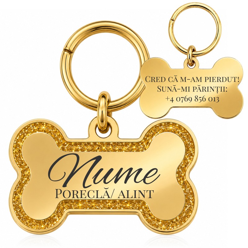 Medalion Câine Os Glitter Inox PVD Gold Plated| Gravură Nume Mesaj Telefon