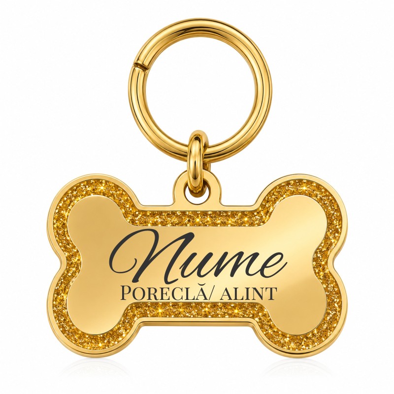 Medalion Câine Os Glitter Inox PVD Gold Plated| Gravură Nume Mesaj Telefon