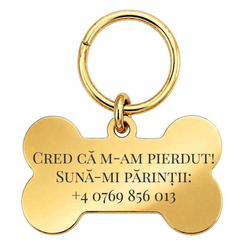 Medalion Câine Os Glitter Inox PVD Gold Plated| Gravură Nume Mesaj Telefon