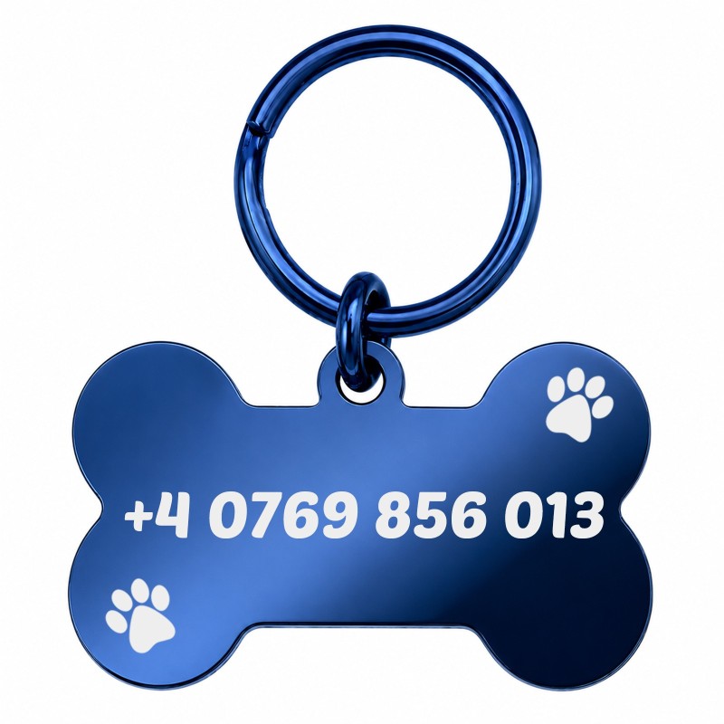                  Medalion Câine Os Pietricele Inox PVD Albastru| Gravură Nume Telefon
               