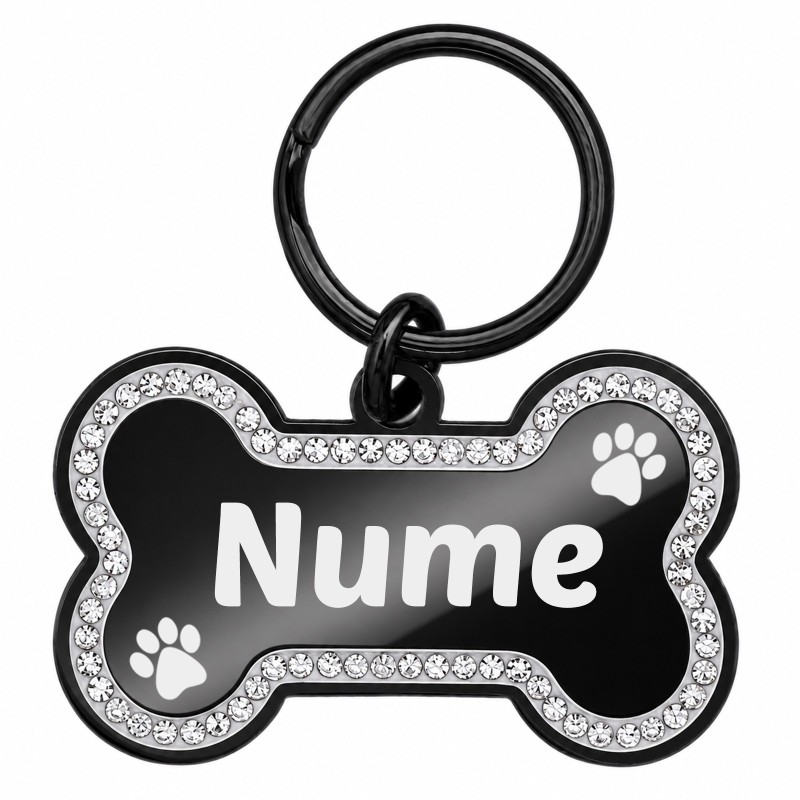 Medalion Câine Os Pietricele Inox PVD Negru| Gravură Nume Telefon
