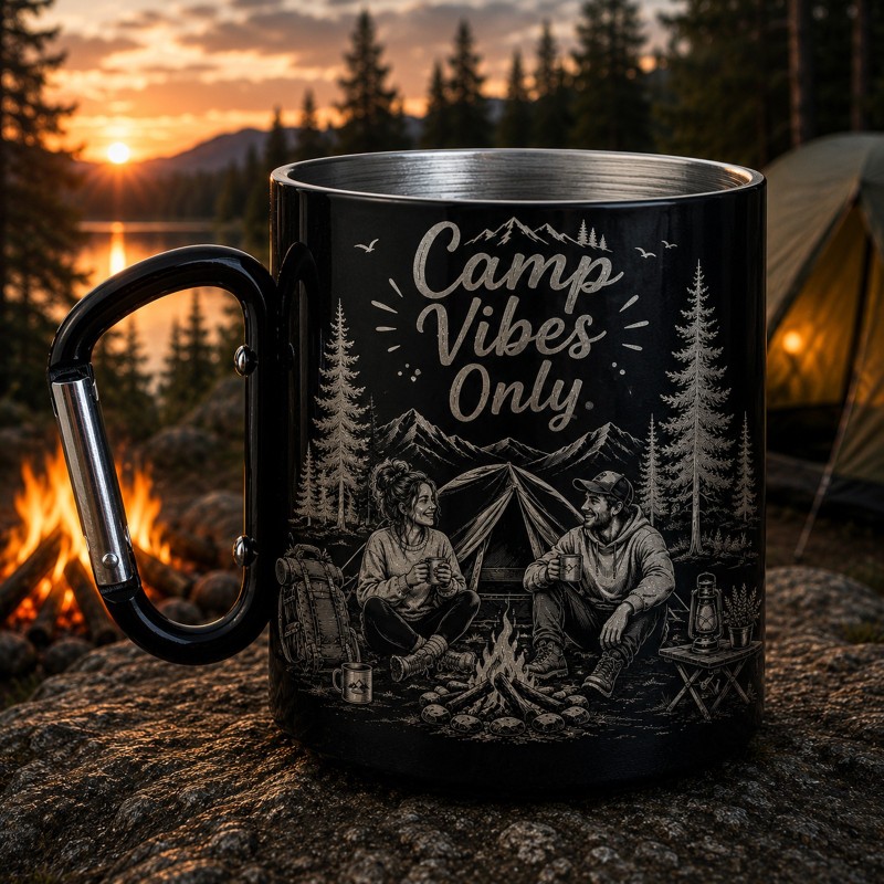                  Cana cu carabinieră gravată Camp Vibes Only | Cadou pentru aventurieri
               
