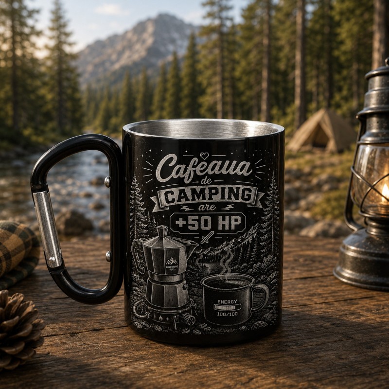                  Cana cu carabinieră gravată Cafeaua de Camping are +50HP | Cadou pentru aventurieri
               