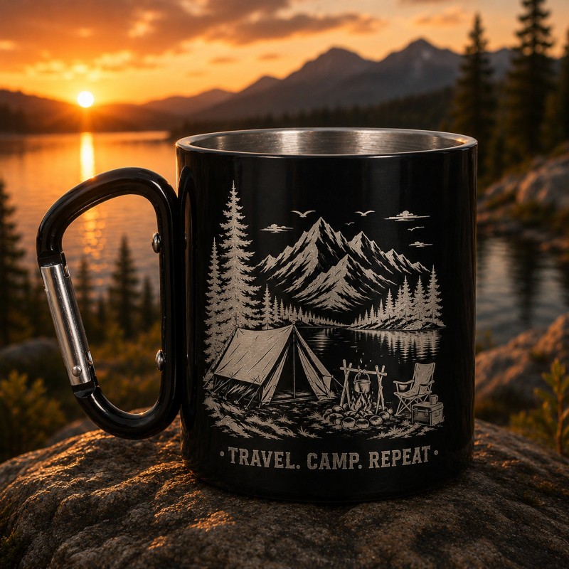                  Cana cu carabinieră gravată Travel Camp Repeat | Cadou pentru aventurieri
               
