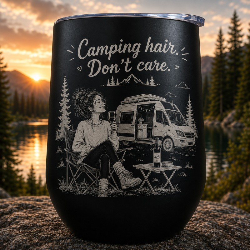                  Termos Cana de Vin Gravat Camping Hair Don't Care | Cadou pentru aventurieri
               