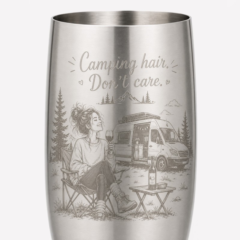 Pahar Sampanie Inox Gravat Camping Hair Don't Care | Cadou pentru aventurieri