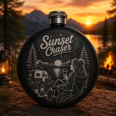Ploscă inox 140 ml gravată Sunset Chaser – Cadou pentru aventurieri