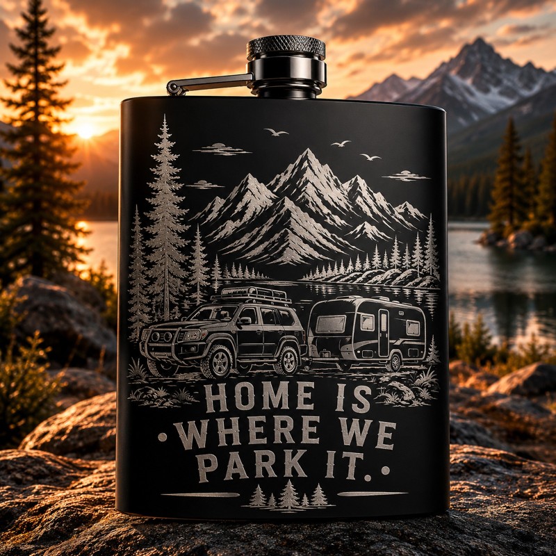                  Ploscă inox 200ml gravată Home is Where We Park It | Cadou pentru aventurieri
               