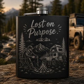 Ploscă inox 200ml gravată Lost on Purpose | Cadou pentru aventurieri