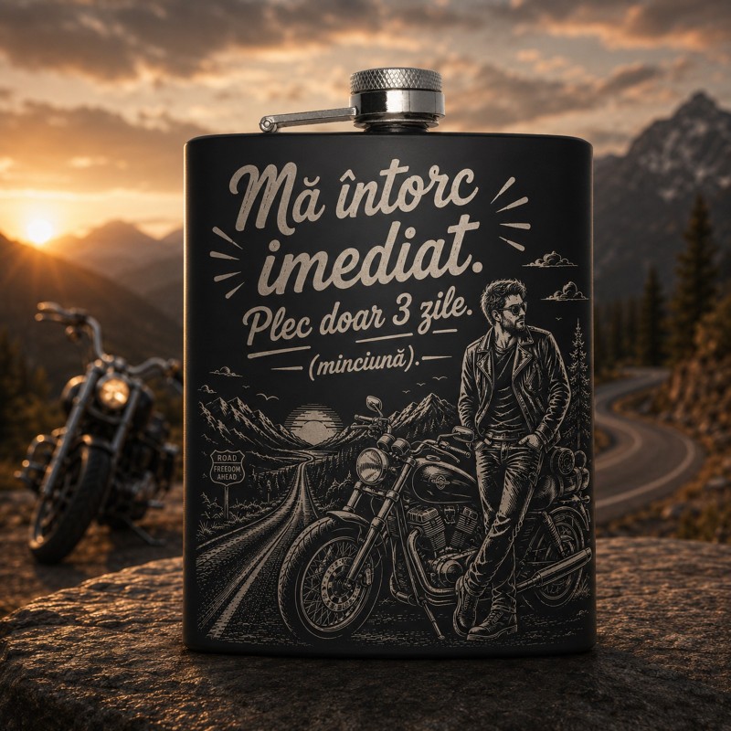                  Ploscă inox 200ml gravată Ma Întorc Imediat Plec doar 3 Zile | Cadou pentru aventurieri și motocicliști
               