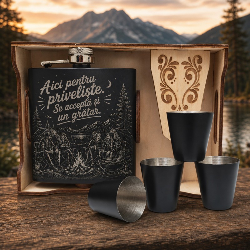                  Set ploscă inox 200ml cu 4 pahare Aici pentru Priveliște si Grătar | Cadou pentru aventurieri
               