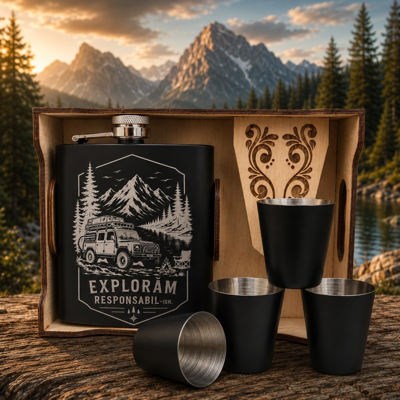                  Set ploscă inox 200ml cu 4 pahare Explorăm Responsabil-ish | Cadou pentru aventurieri
               