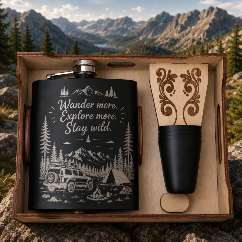                  Set ploscă inox 200ml cu 4 pahare Wander More Explore More Stay Wild | Cadou pentru aventurieri
               