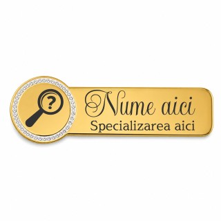 Ecuson Personalizat din Inox Gold Plated Zoom Pietre – Gravură Laser Simbol Nume și Specializare