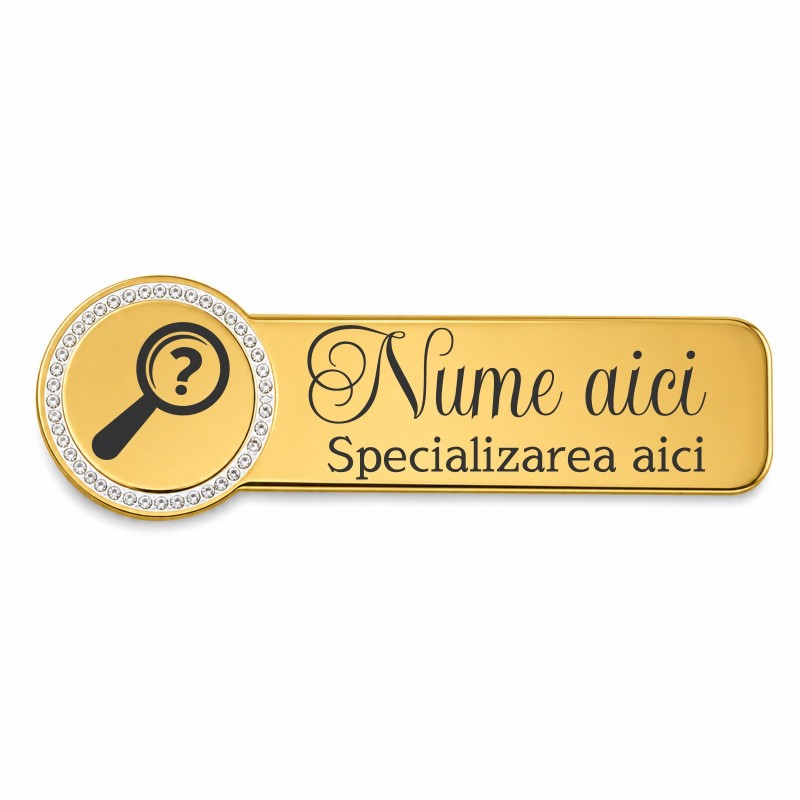                  Ecuson Personalizat din Inox Gold Plated Zoom Pietre – Gravură Laser Simbol Nume și Specializare
               