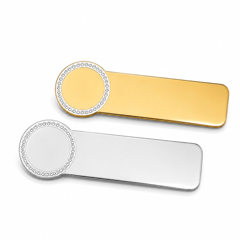                  Ecuson Personalizat din Inox Argintiu Zoom Pietre – Gravură Laser Simbol Nume și Specializare
               