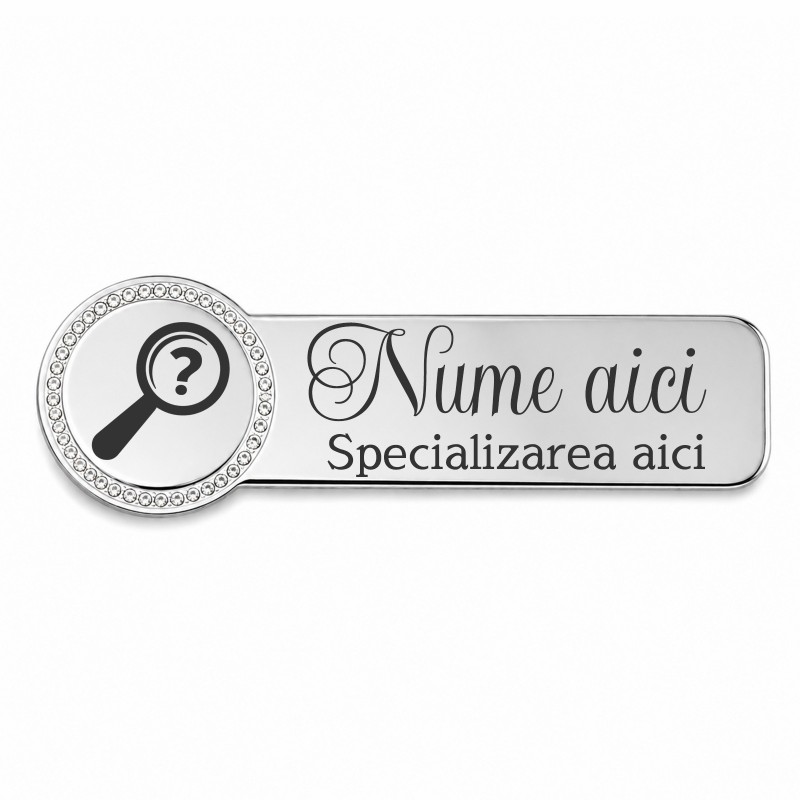 Ecuson Personalizat din Inox Argintiu Zoom Pietre – Gravură Laser Simbol Nume și Specializare