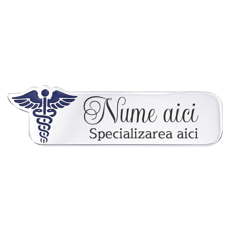                  Ecuson medical personalizat din inox cu Caduceu albastru | Gravură laser nume și specializare
               