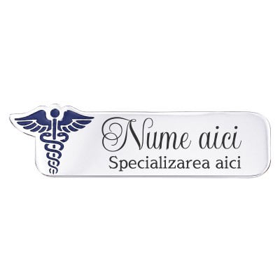 Ecuson medical personalizat din inox cu Caduceu albastru | Gravură laser nume și specializare