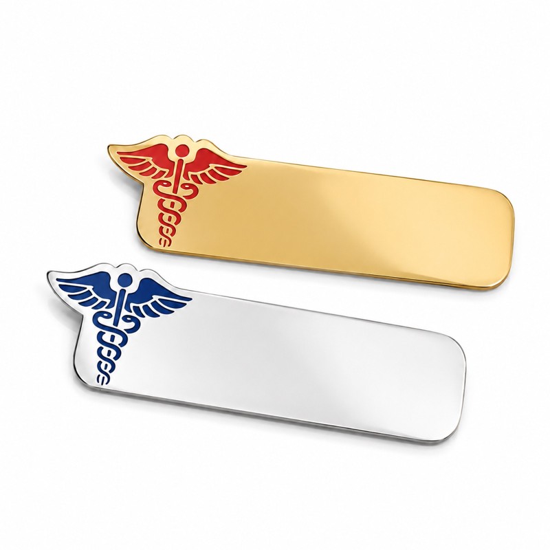 Ecuson medical personalizat din inox cu Caduceu albastru | Gravură laser nume și specializare