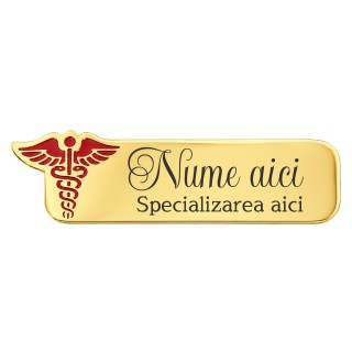 Ecuson medical personalizat din inox Gold Plated Caduceu Rosu| Gravură laser nume și specializare