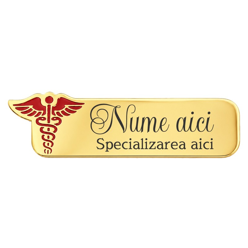 Ecuson medical personalizat din inox Gold Plated Caduceu Rosu| Gravură laser nume și specializare