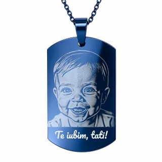 Colier Personalizat Army Inox Albastru Poza si Mesaj