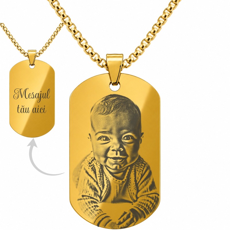                  Colier Personalizat Army Inox Gold Plated Lantisor 70cm| Gravura Laser Poza si Mesaj
               