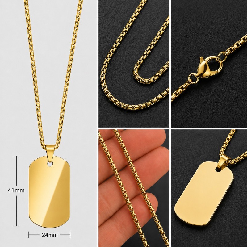 Colier Personalizat Army Inox Gold Plated Lantisor 70cm| Gravura Laser Poza si Mesaj