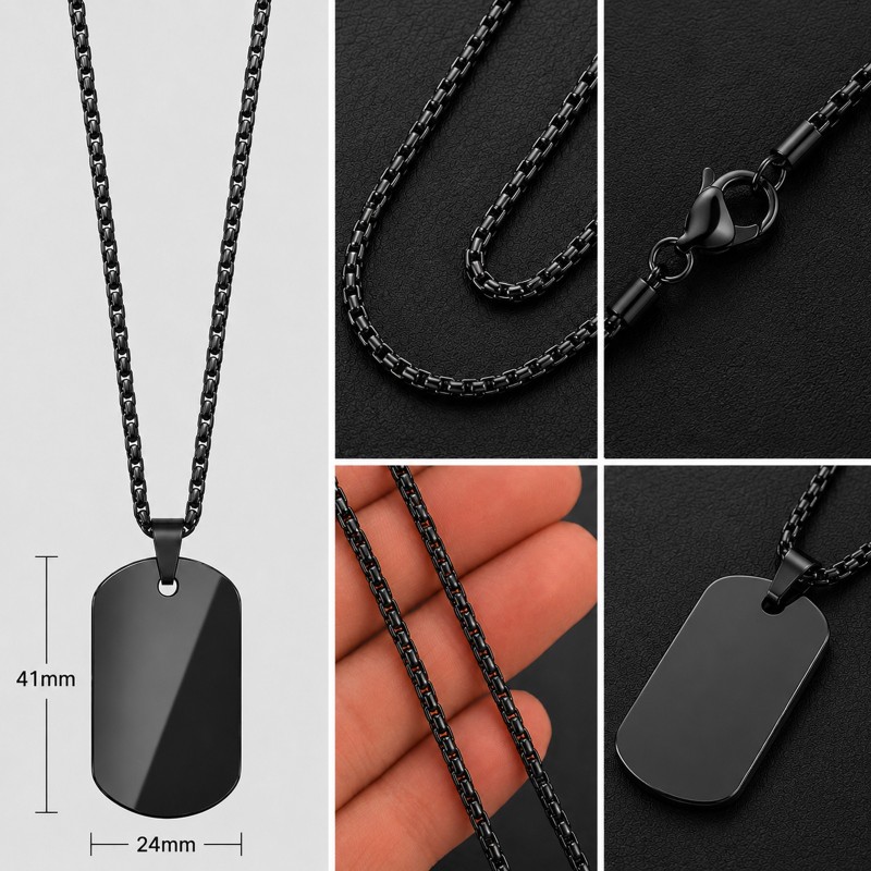 Colier Personalizat Army Inox Negru Lantisor 70cm| Gravura Laser Poza si Mesaj