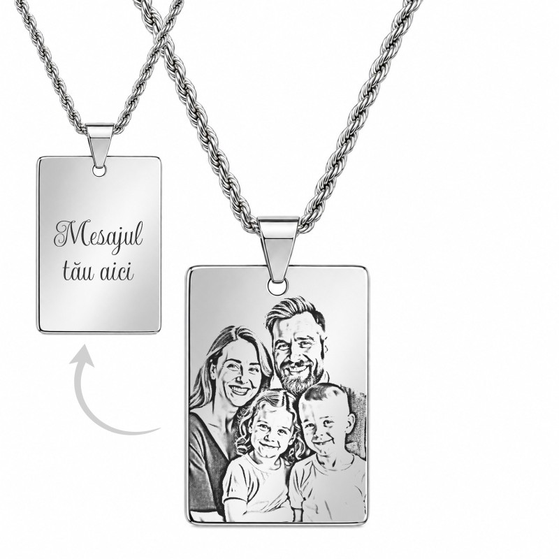                  Colier Personalizat Dreptunghi Inox Argintiu Lantisor 60cm| Gravura Laser Poza si Mesaj
               
