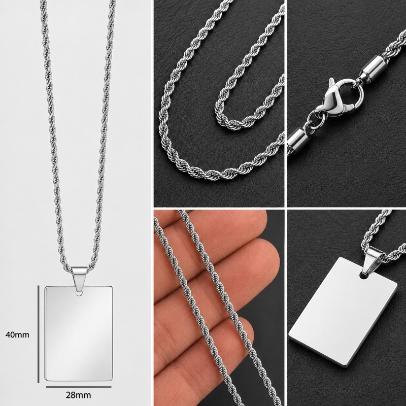 Colier Personalizat Dreptunghi Inox Argintiu Lantisor 60cm| Gravura Laser Poza si Mesaj