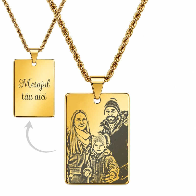                  Colier Personalizat Dreptunghi Inox Gold Plated Lantisor 60cm| Gravura Laser Poza si Mesaj
               