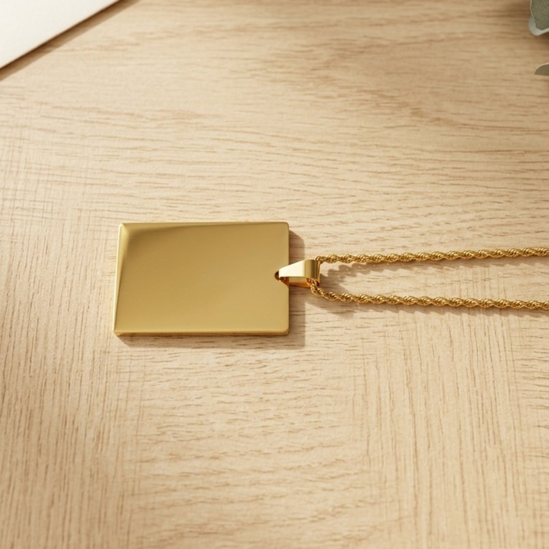 Colier Personalizat Dreptunghi Inox Gold Plated Lantisor 60cm| Gravura Laser Poza si Mesaj