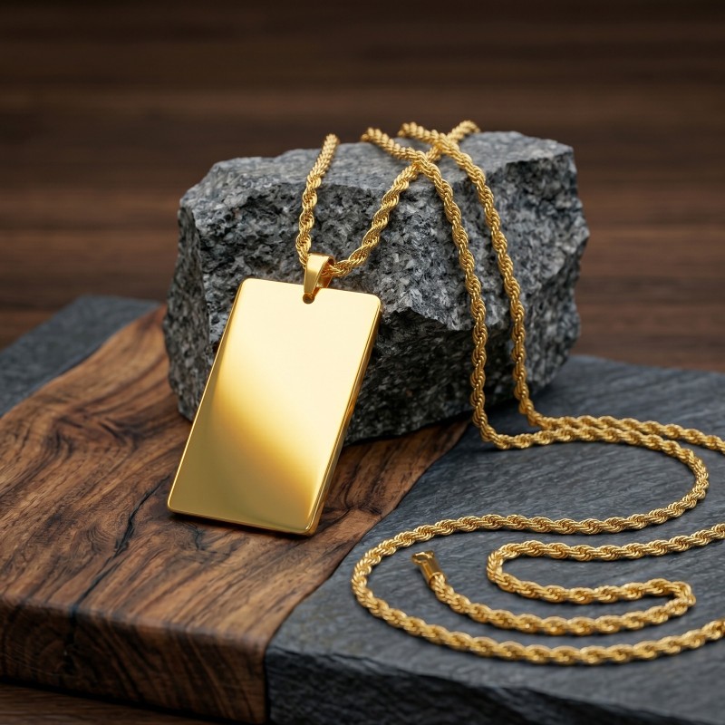                  Colier Personalizat Dreptunghi Inox Gold Plated Lantisor 60cm| Gravura Laser Poza si Mesaj
               