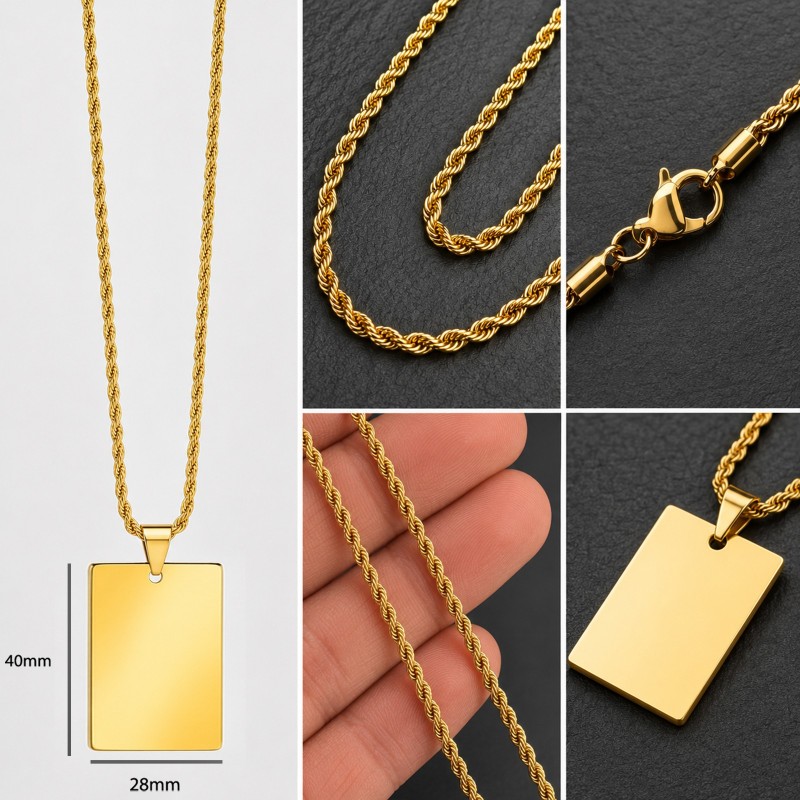 Colier Personalizat Dreptunghi Inox Gold Plated Lantisor 60cm| Gravura Laser Poza si Mesaj