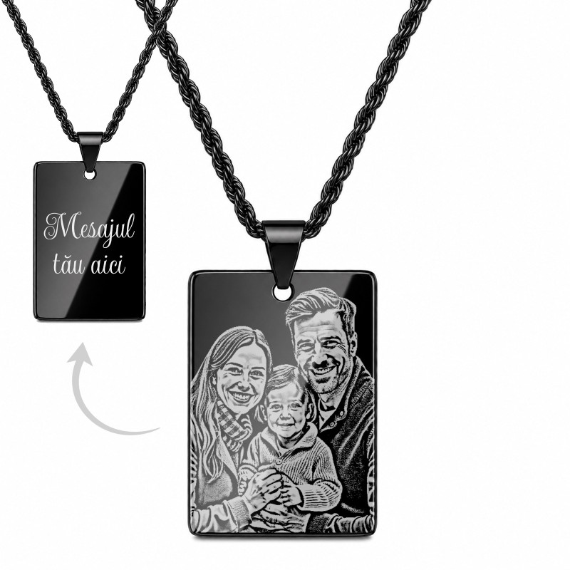                  Colier Personalizat Dreptunghi Inox Negru Lantisor 60cm| Gravura Laser Poza si Mesaj
               