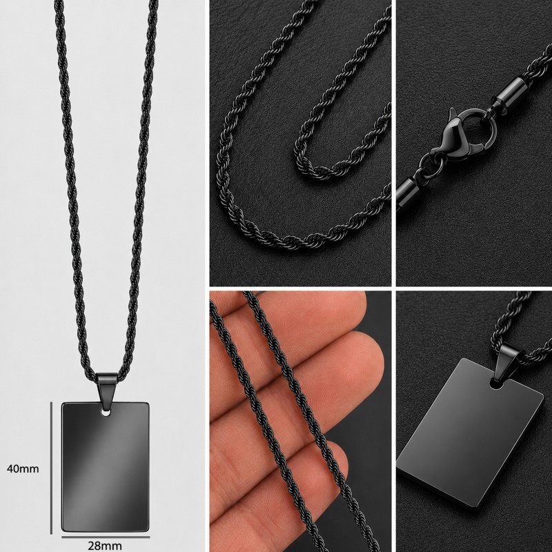 Colier Personalizat Dreptunghi Inox Negru Lantisor 60cm| Gravura Laser Poza si Mesaj