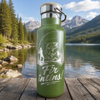 Termos kaki inox 500ml personalizat „Fir întins!” – cadou pentru pescari