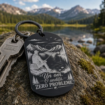 Breloc inox negru personalizat „Un om. O undiță. Zero probleme.” – gravură laser, cadou pentru pescari