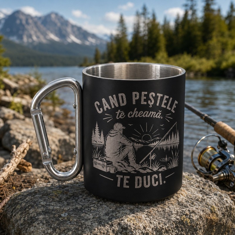                 Cana personalizată neagra inox cu carabinieră „Când peștele te cheamă. Te duci.” – cană camping pentru pescari
               