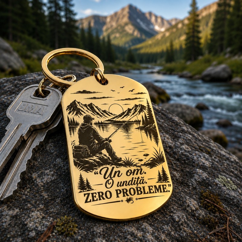                  Breloc inox auriu personalizat „Un om. O undiță. Zero probleme.” – gravură laser, cadou pentru pescari
               